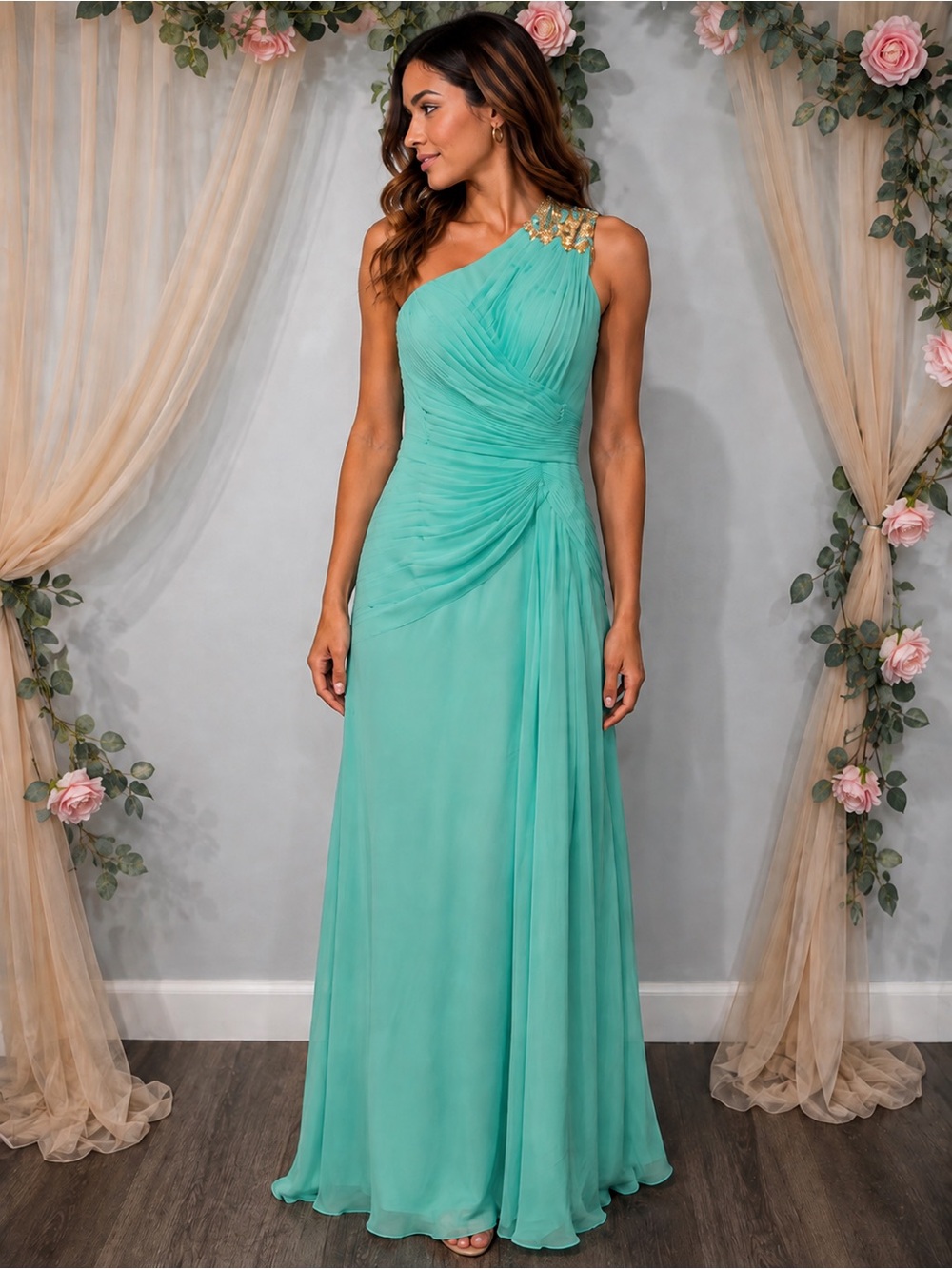 NWT Ryanth Mint One Shoulder Chiffon Formal Gown Corset Back Size 4